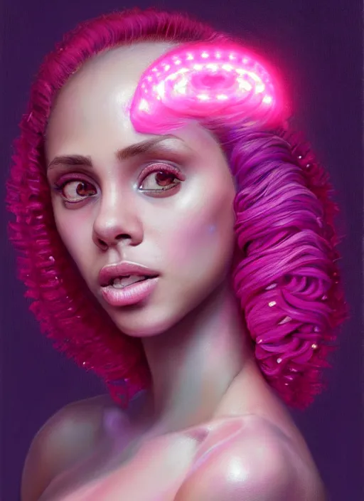 Image similar to portrait of vanessa morgan with bright pink hair, curly pixie cut hair, wearing a purple breton cap, breton cap, hoop earrings, intricate, elegant, glowing lights, highly detailed, digital painting, artstation, concept art, smooth, sharp focus, illustration, art by wlop, mars ravelo and greg rutkowski