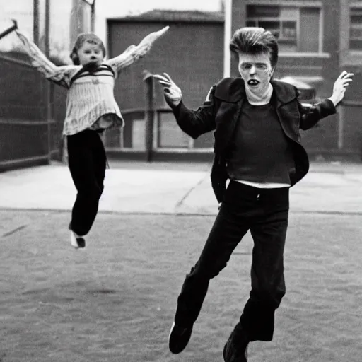 Image similar to david bowie goes skipping in a school playground