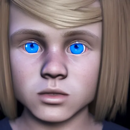 Image similar to a detailed portrait of boy with blonde hair and blue eyes, unreal engine 5 rendered, incredibly highly detailed and realistic, 8 k, sharp focus, studio quality