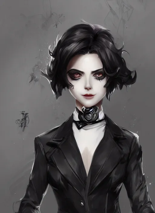 Image similar to a highly detailed illustration of beautiful short black messy haired woman wearing eyepatch!!! and noir style suit and tie, dramatic smiling pose, intricate, elegant, highly detailed, centered, digital painting, artstation, concept art, smooth, sharp focus, league of legends concept art, WLOP