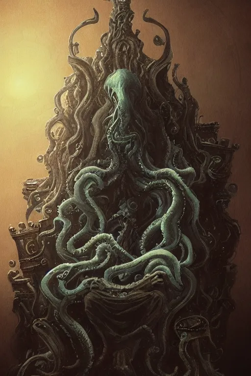 Image similar to lovecraftian king on a throne, digital art, in the style of greg rutkowski, trending on artstation