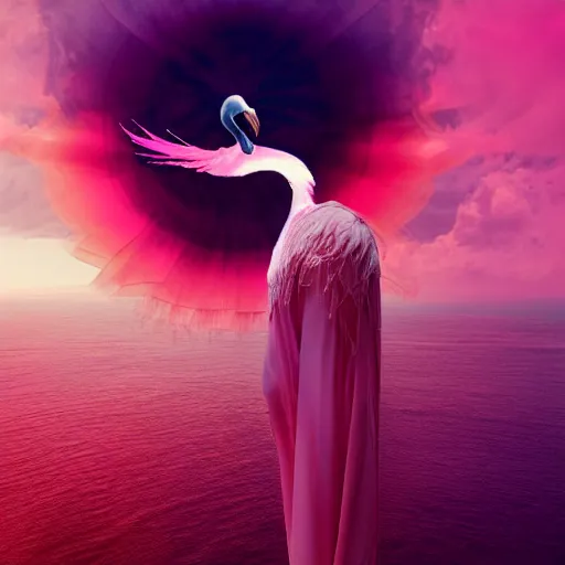 Image similar to a goddess wearing a flamingo fashion up there in sky, sci - fi aesthetics, on fire, photoshop, colossal, creative and cool, giant, digital art, photo manipulation, clouds