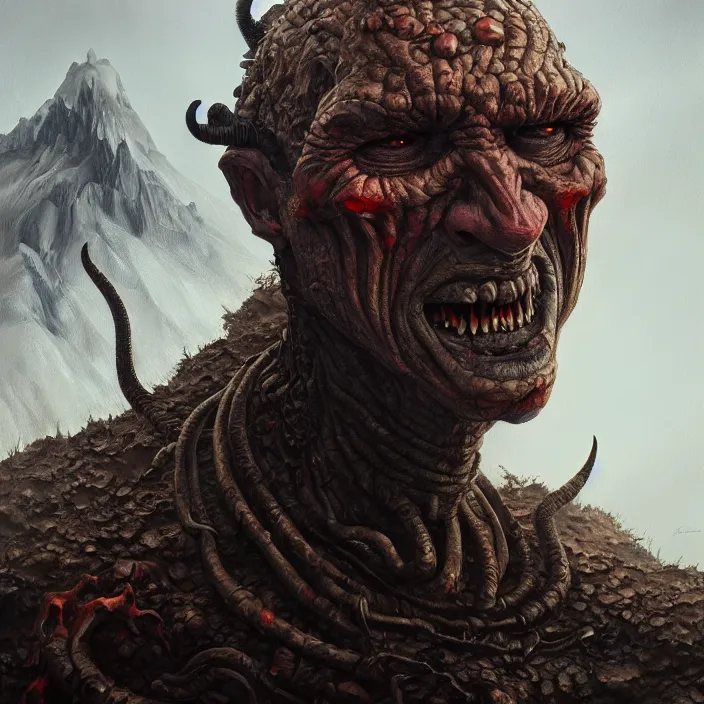 Image similar to close up portrait of a monster in the mountains of hell, oil painting by tomasz jedruszek, cinematic lighting, pen and ink, intricate line, hd, 4 k, million of likes, trending on artstation