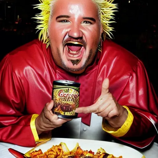 Image similar to guy fieri dressed as the pope eating spam from the can at a formal banquet at a table