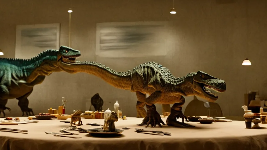 Prompt: the dinosaur sits at a table, made of wax and water, film still from the movie directed by Denis Villeneuve with art direction by Salvador Dalí, long lens, shallow depth of field