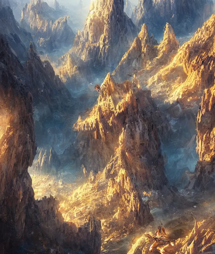 Prompt: aerial view of a golden mountain of stratified time, the prehistoric past at the base and the gleaming harmonious future at the peak | whimsical and fantastic, magic and mysterious, fantasy environment by fantasy by ross tran greg rutkowski