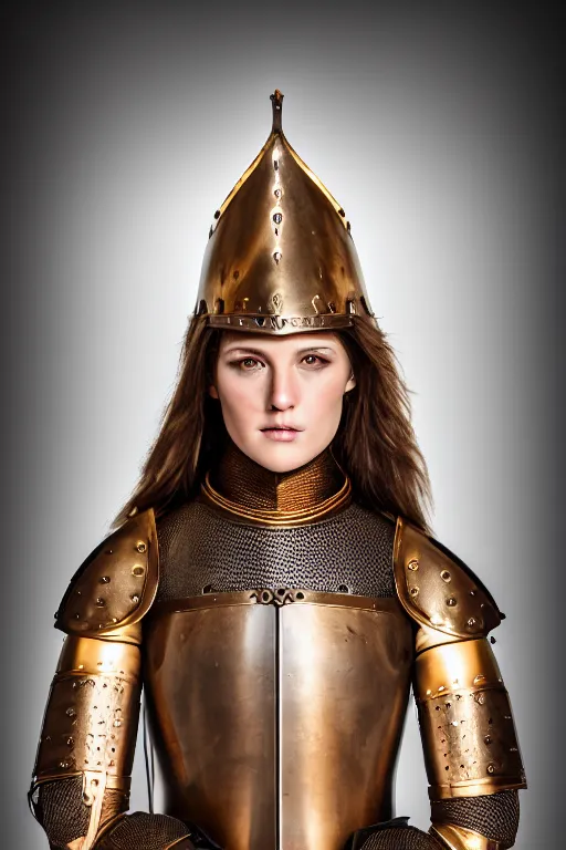 Prompt: female medieval knight, brown hair, designed by gucci, gold and luxury materials, symmetrical, cinematic, elegant, professional studio light, real dlsr photography, sharp focus, 4 k, ultra hd, sense of awe, high medieval fashion