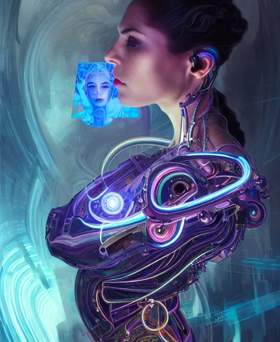 Image similar to a whirlwind of souls rushing inside the metaverse, hologram, half body, neurochip, shaved temple, piercing, jewelry, android, cyborg, cyberpunk face, by loish, d & d, fantasy, intricate, elegant, highly detailed, colorful, digital painting, artstation, concept art, art by artgerm and greg rutkowski and alphonse mucha