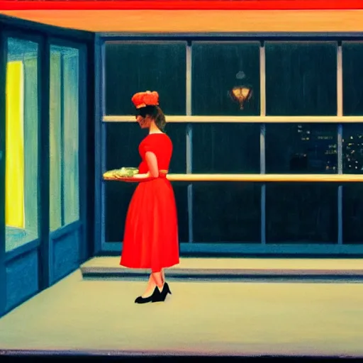 Prompt: an 80s dinner at night, the lights light up the street, Man with a paper bag over his head, in the style of Edward Hopper, 4K,