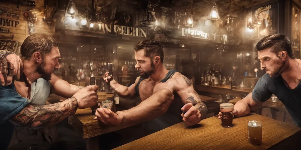 Prompt: a photo of a bar fight inside a pub between a d20 and 2d6, Leica, symmetrical faces, muscles, detailed faces, accurate faces, 4k, 3D render, hyperrealism, editorial, photorealistic, crisp details, sharp focus, wide angle lens, octane render, cinematic lighting