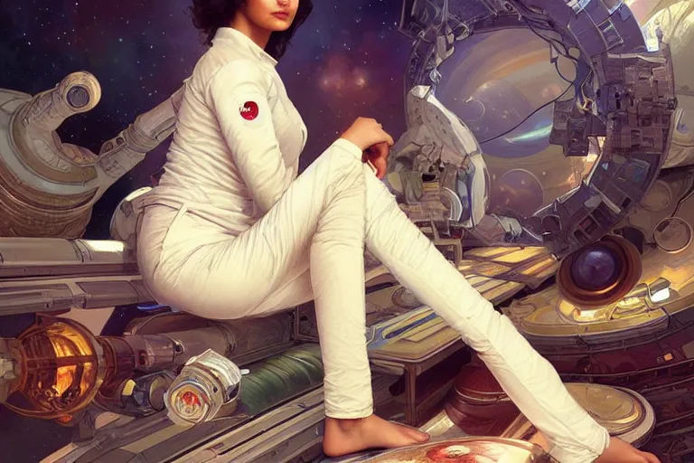 Image similar to Sensual good looking pale young Indian doctors wearing jeans in a space station above Earth, portrait, elegant, intricate, digital painting, artstation, concept art, smooth, sharp focus, illustration, art by artgerm and greg rutkowski and alphonse mucha