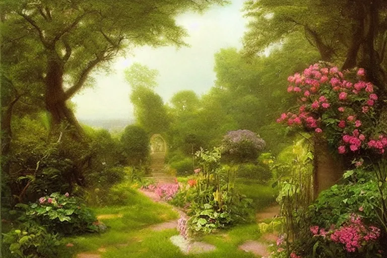 Prompt: secret garden, lush, floral, botanical, romanticism, dreamy, atmospheric, summery, hudson river school