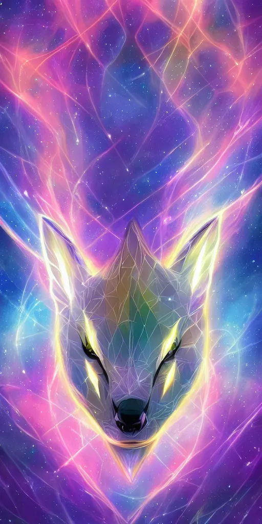 Image similar to geometric symmetrical jolteon with galaxy eyes in space, nebula in the background, intricate, elegant, highly detailed, digital painting, artstation, concept art, smooth, sharp focus, illustration, art by artgerm