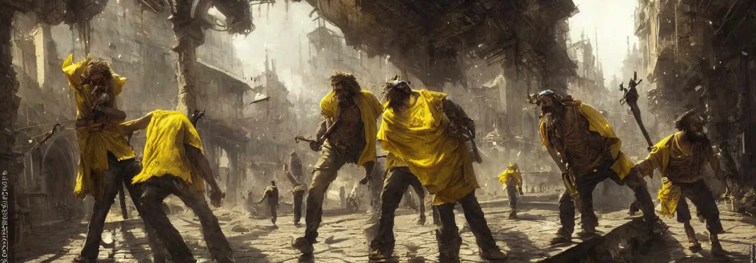 Prompt: one homeless man strangles another bearded homeless man with yellow underpants, fantasy duel, high detail, very realistic, by greg rutkowski, by james gurney ultra clear detailed