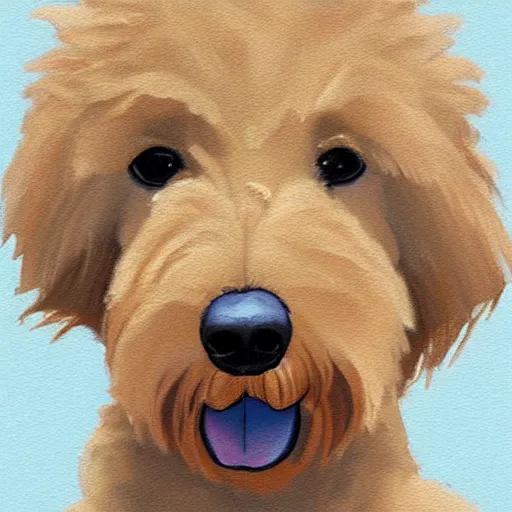 Prompt: portrait of a cute blond goldendoodle with short fur, high detail, minimalist painting, symmetry, award winning art, beautiful illustration