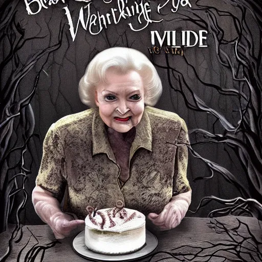 Image similar to betty white baking a cake horror atmospheric fog eldritch nightmare ancient forest vines