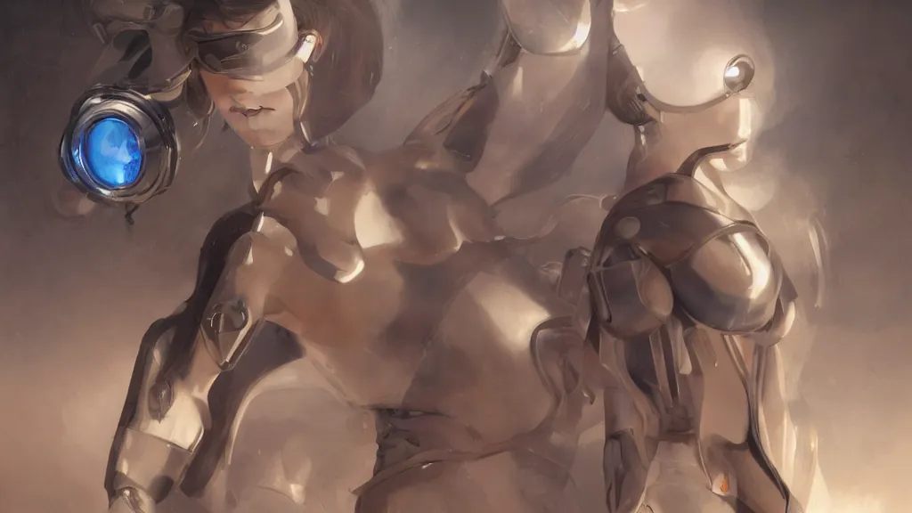 Prompt: modern elegant female cyborg greek goddess, futuristic goggles, space opera, feminine, powerful, beautiful, upper body, muscular, armour, highly detailed, digital painting, ghibli animated film, volumetric lighting, octane render, artstation, concept art, smooth, sharp focus, illustration, by gaston bussiere, mucha, gerome, craig mullins, greg rutkowski,