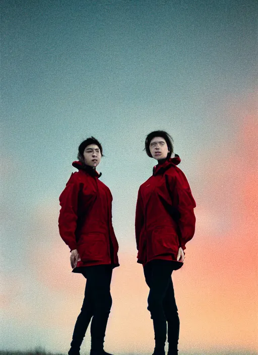 Prompt: cinestill 5 0 d photographic portrait of two clones standing in front of a brutalist metal building, techwear women on a desolate plain, red sky, closeup, depth of field, 4 k, 8 k, hd, full color