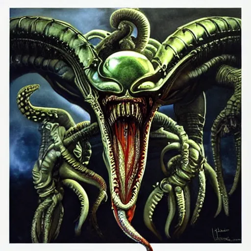 Image similar to xenomorph vs Cthulhu, avp, intricate detail, exquisite skill, hr giger, airbrush painting,