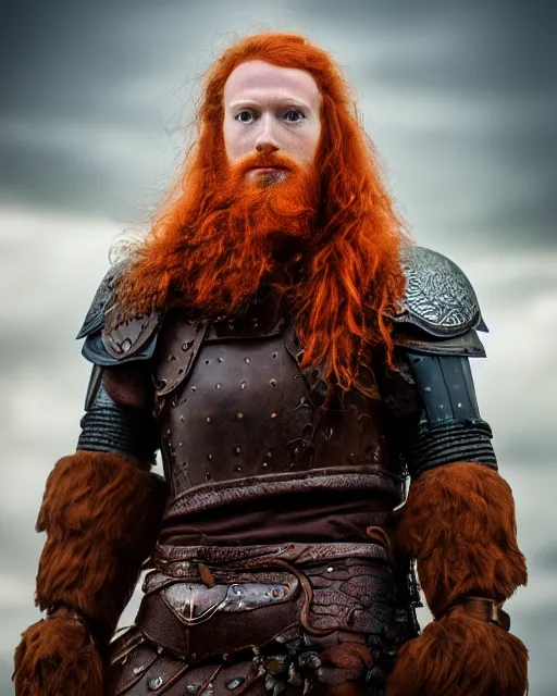 Prompt: northern Mark Zuckerberg warrior, red hair, ginger hair, long hair, fantasy, Viking, high detailed, photography, cloudy, lightweight leather armour, Scandinavia, plain, detailed face, beautiful face, look into the distance, professional model, glowing skin, serious face, full body, professional photographer, masterpiece, 50 mm, 8k, 3D