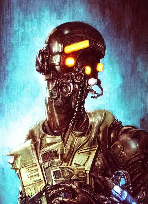 Image similar to dark skinned cyberpunk military man ( blade runner 2 0 4 9, dystopian, cyberpunk 2 0 7 7 character design ), advanced warfare, attractive face. portrait by james gurney and laurie greasley and yoji shinkawa, oil on canvas. cinematic composition, hyper realism, realistic proportions, anatomy, dramatic lighting, photorealistic, high detail, 4 k