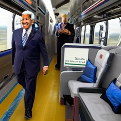 Prompt: cybernetic joe biden riding Amtrak