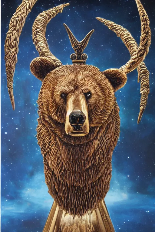 Image similar to sideview waist up portrait of bear baphomet made with porcelain by jeff easley and peter elson, beautiful eyes and face, symmetry face, galaxy, gothic, surreal, dread, highly detailed, intricate complexity, epic composition, magical atmosphere, masterpiece, award winning, trending on artstation