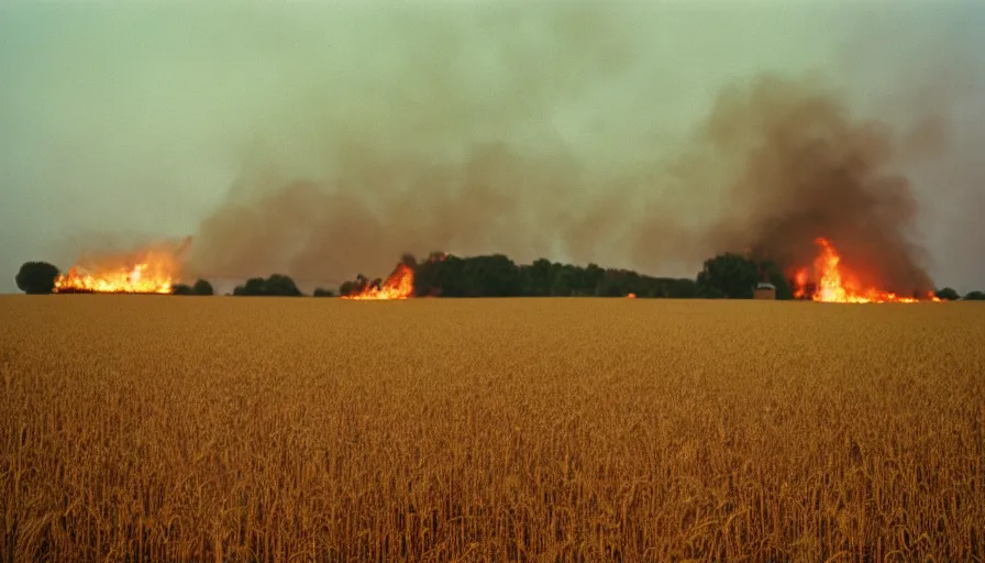 Image similar to 1 9 7 0 s movie still of a heavy burning french house in a wheat field, cinestill 8 0 0 t 3 5 mm, high quality, heavy grain, high detail, texture, dramatic light, ultra wide lens, panoramic anamorphic, hyperrealistic