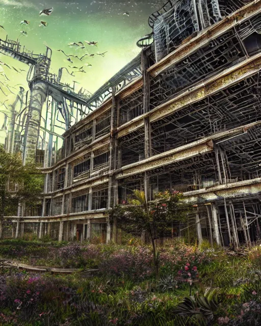 Prompt: a beautiful hyperdetailed illustration of nature unfinished building mine architecture building industrial architecture city urbex abandoned by rafael aranda, liberty city flowers sci - fi at spring cgsociety nightsky, archdaily, wallpaper, highly detailed, trending on artstation.