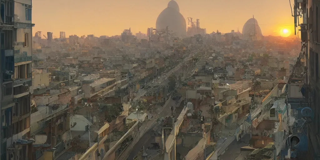 Image similar to seen from broken window!! karachi streets,, sunset in background, detailed, alphonse mucha, greg rutkowski, trending on artstation, artgerm, breathtaking, sharp focus, smooth, mark arian, award winning, highly detailed 4 k art