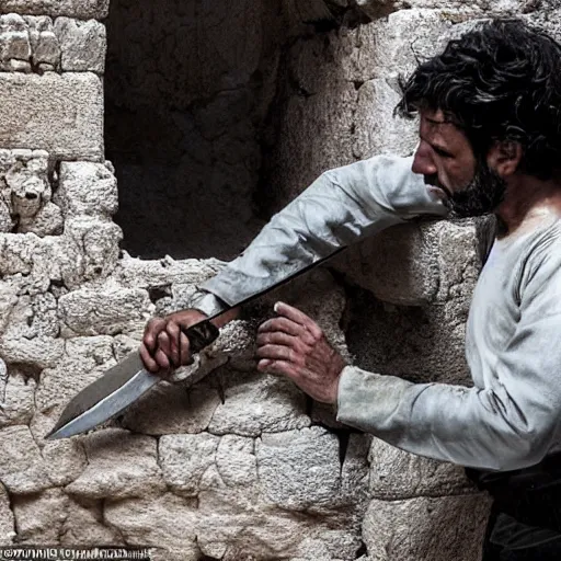 Image similar to award winning cinematic still of 40 year old Mediterranean skinned man in Ancient Canaanite clothing fixing a ruined, crumbled wall in Jerusalem, holding a sword and a chisel, dramatic lighting, strong shadows, red hues, directed by Ang Lee