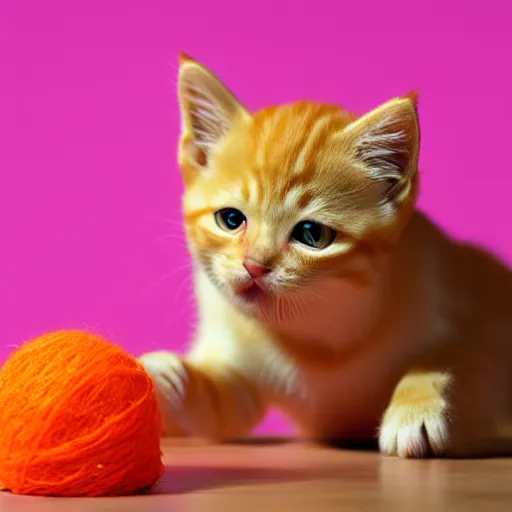 Image similar to orange tabby kitten playing with a ball of yarn, photorealistic, pink background