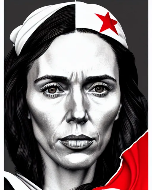 Image similar to jacinda ardern in the style of cuban communist propaganda poster art in the year 1 9 8 7 ultra realistic, concept art, intricate details, highly detailed, photorealistic, octane render, 8 k, unreal engine. art by artgerm and magali villeneuve