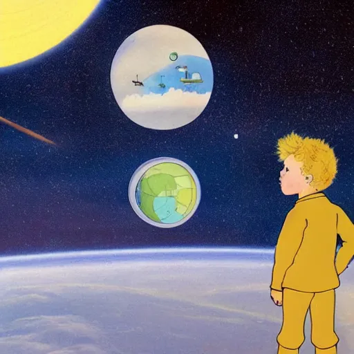 Prompt: the little prince on a little planet floating in space, illustration by antoine de saint - exupery