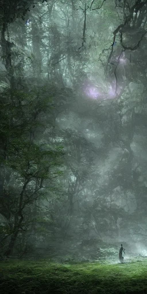 Prompt: a very small transluscent light purple ghost, surrounded by a green forrest, moody , lovecraft, giger, ridley scott, zack snyder, Fenghua Zhong, realistic cinematic lighting, establishing action shot, ultra detailed, hyper realism, photo, octane render