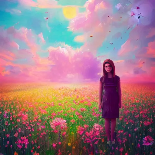 Image similar to girl with a blooming flower head, surreal photography, dream, standing in flower field, magical, in a valley, sunrise dramatic light, impressionist painting, colorful clouds, artstation, simon stalenhag, flower face