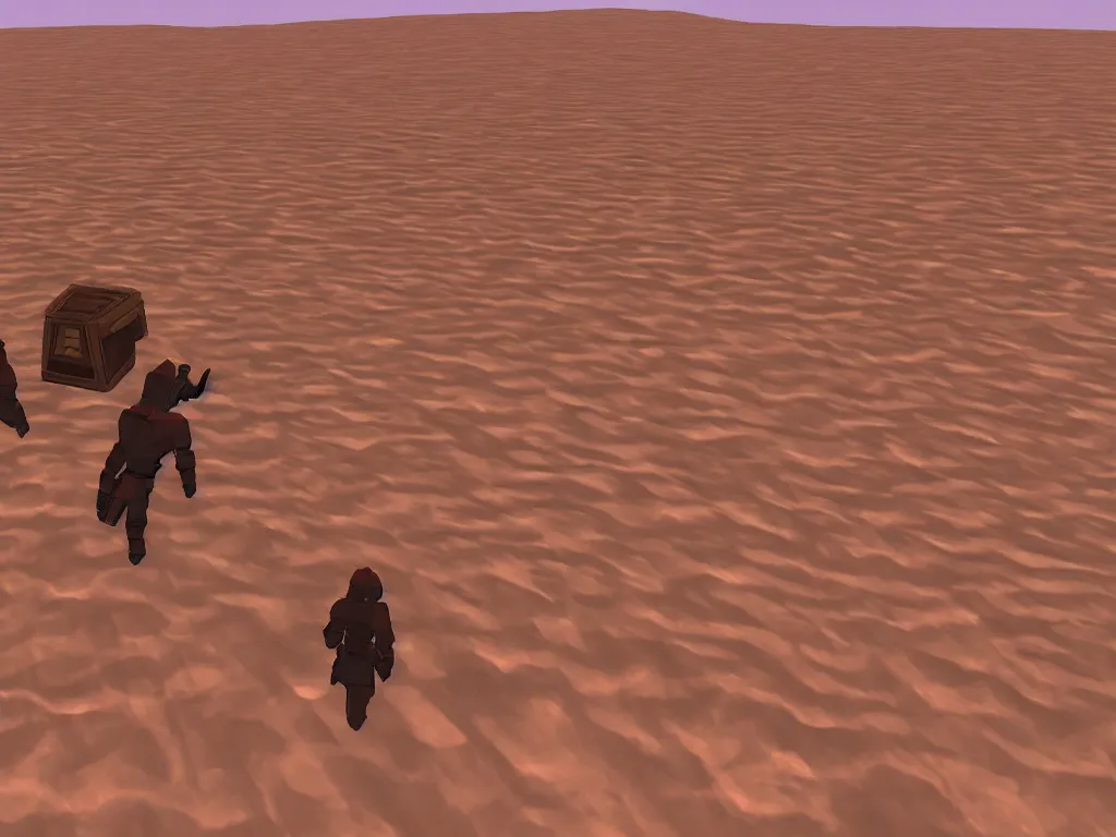 Prompt: Dune by Villeneuve as a PS1 third person video game, low poly