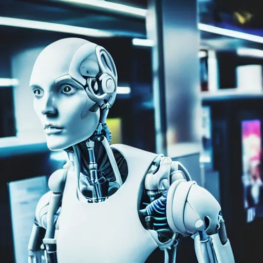 Prompt: photo of a human cyborg!! in sale, in a store display, hiding a dark secret, highly detailed face, cyberpunk, year 3022, !!!medium full shot!!!, depth of field, ISO 300, aperture f11, 1/100 obturation speed