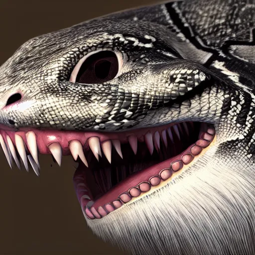 Image similar to “an upclose image of snake fangs biting into rabbit fur, unreal engine, hyper realism, 4K concept art”