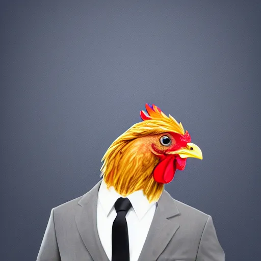 Prompt: a high quality photo of a chicken wearing a suit, realism, 8k, midjourney