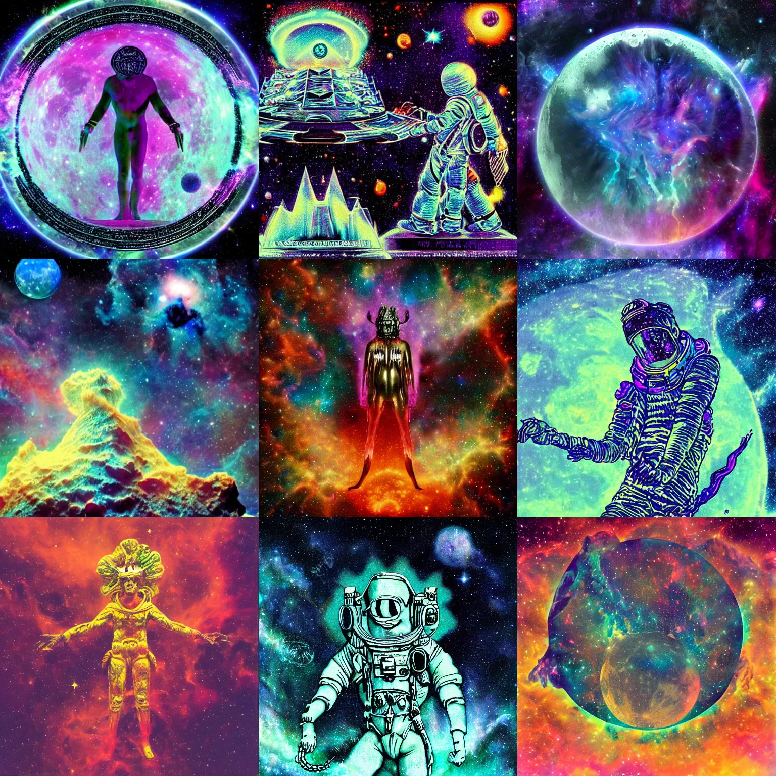 Prompt: astral computer lag right in the lunar architecture of a vast and complex nebula spacecore psychedelicpunk deity