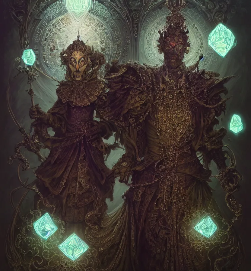 Image similar to front shot of a court jester character, hyperdimensional, bioluminescent hypercubes, dark holography!!!, (((intricate))), elegant, highly detailed, centered, (((artstation, concept art, smooth, sharp focus, artgerm, Tomasz Alen Kopera, Peter Mohrbacher, donato giancola, Joseph Christian Leyendecker, WLOP, Boris Vallejo))), mugshot!!!!!, ugly!!!!!!, octane render, nvidia raytracing demo, octane render, nvidia raytracing demo, octane render, nvidia raytracing demo, grainy, muted, 8K, digitalblasphemy, metatron