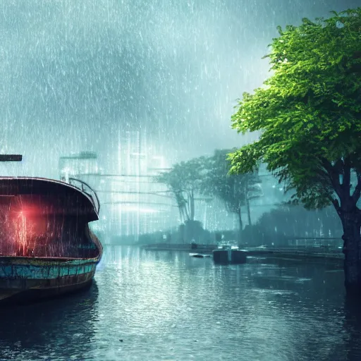 Image similar to a boat wandering in the river, asia, cyberpunk, japan, land, rain, dark, lostus flowers, octance render, artstaion, 8 k, fantasy