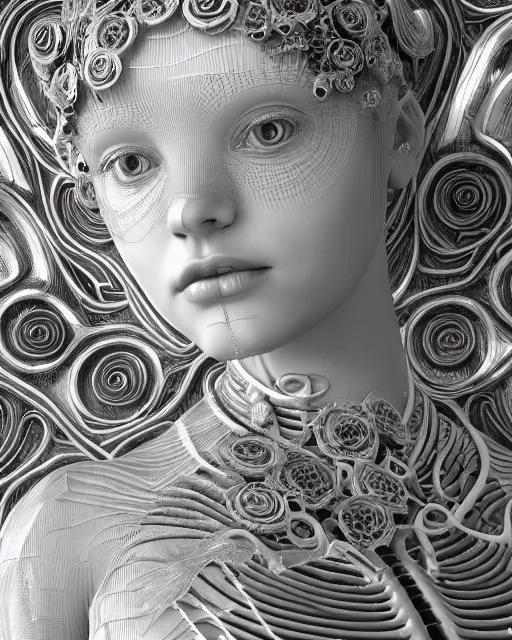 Image similar to mythical dreamy black and white organic bio - mechanical spinal ribbed profile face portrait detail of translucent steampunk beautiful female angelic - human - queen - vegetal - cyborg, highly detailed, intricate crystal ivy jelly ornate, poetic, translucent roses ornate, 3 d render, digital art, octane render, 8 k artistic photography, photo - realistic, by dora maar