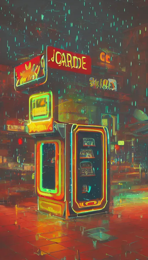 Image similar to arcade cabinet asking for coins in the rain, sharp focus, james gilleard, cinematic, game art, extremely detailed digital painting, print