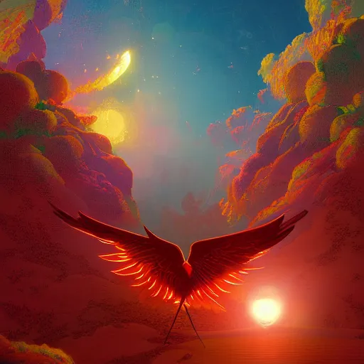 Image similar to optimism, the solarpunk phoenix, red bird, ornate egg, regeneration, landscape, epic composition, volumetric light, bokeh, painting by ilya kuvshinov and by makoto shinkai