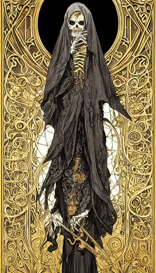 Image similar to a skeleton in a black cloak, highly detailed, very intricate, art nouveau, gold filigree, left right symmetry, tarot concept art watercolor illustration by mandy jurgens and alphonse mucha and alena aenami, featured on artstation