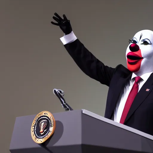 Prompt: president with clown makeup in a podium as the puppet of a human shadow