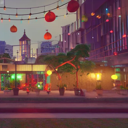 Prompt: Downtown Mexico, string lights, colorful lighting, night, unreal engine 5 tech demo, octane render, Frank Lloyd Wright ((Studio Ghibli))