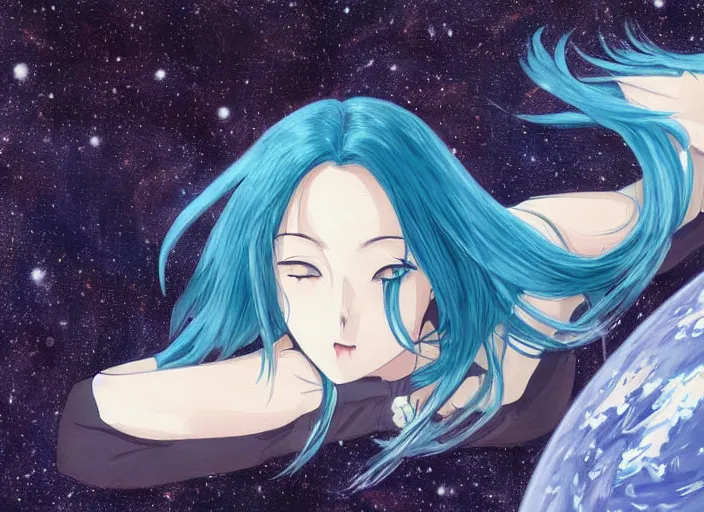 Image similar to a woman with blue hair laying on the ground with her head down, a detailed painting by rei kamoi, featured on pixiv, space art, official art, anime, toonami